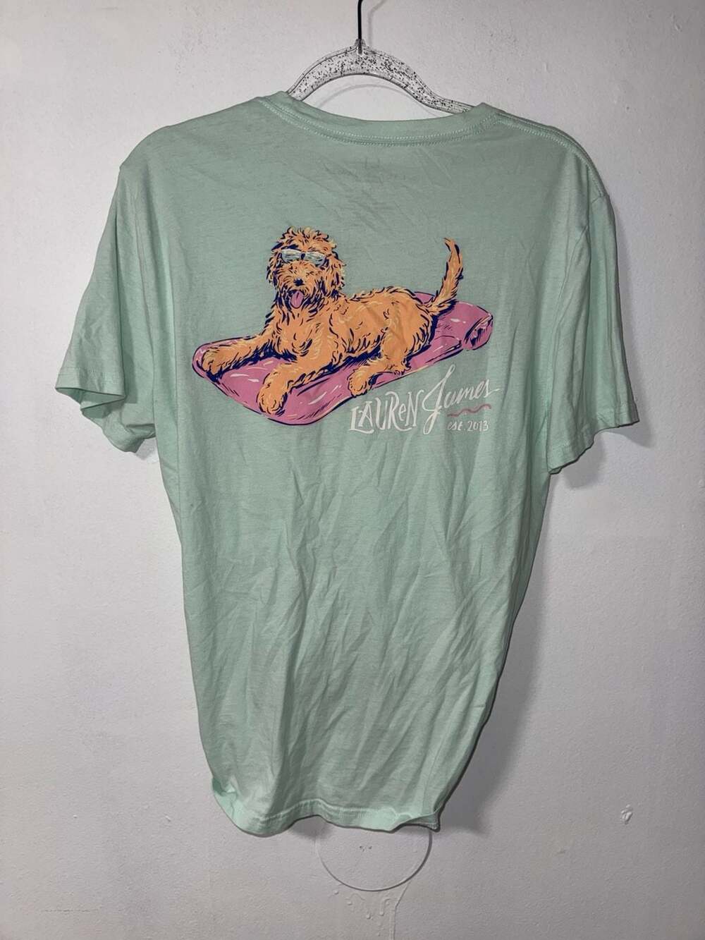 Lauren James Goldendoodle Pool Float Pocket T-Shirt Mint Green Size M
